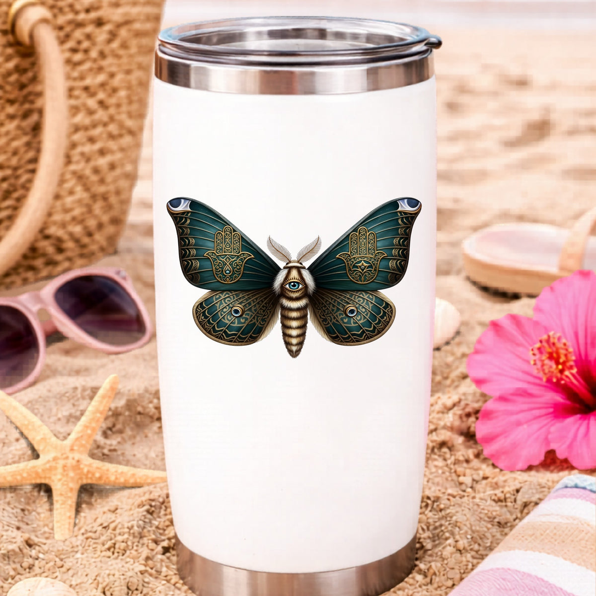 Hamsa Hand Moth UV DTF sticker applied to a white travel tumbler on beach sand