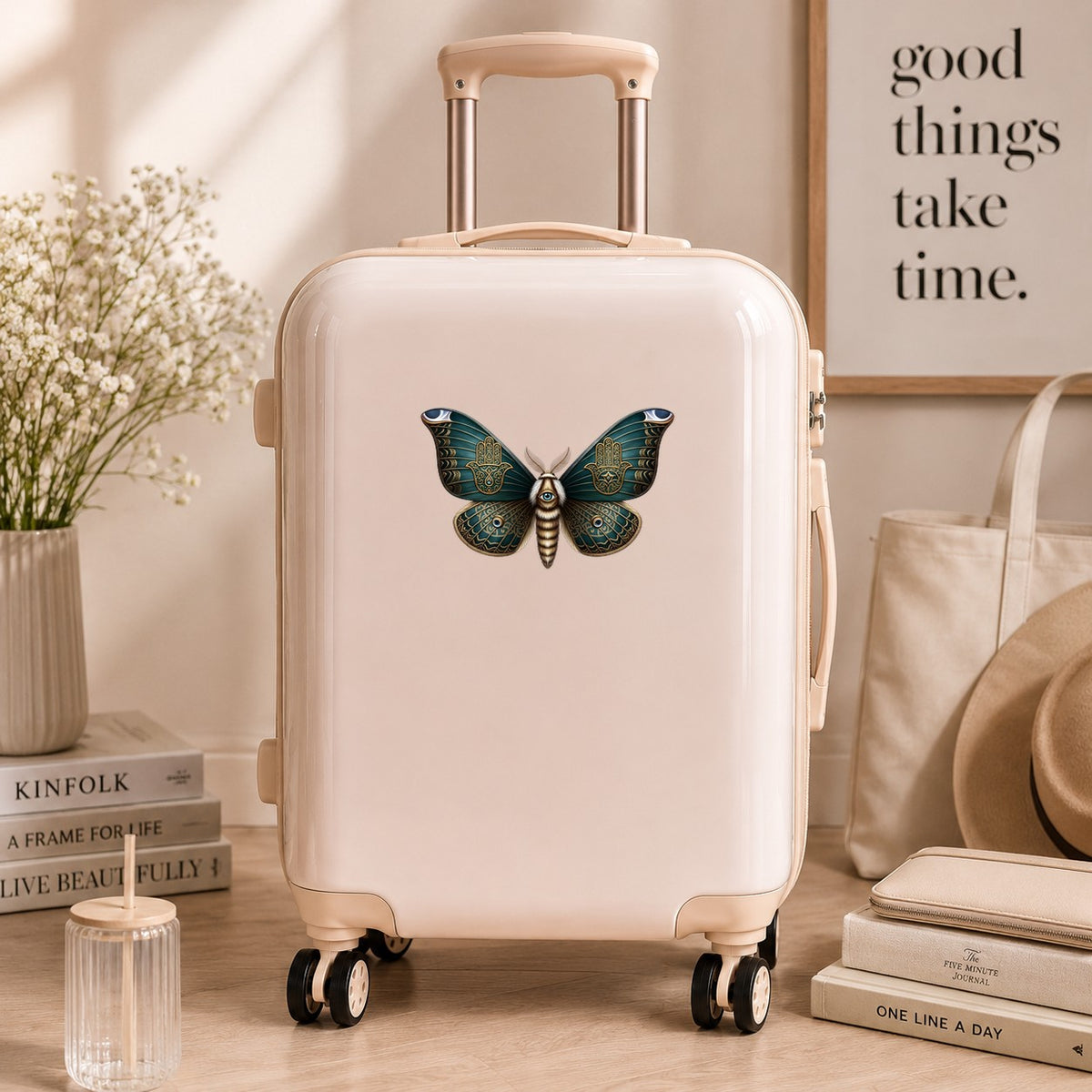 Hamsa Hand Moth UV DTF sticker applied to a cream carry-on suitcase