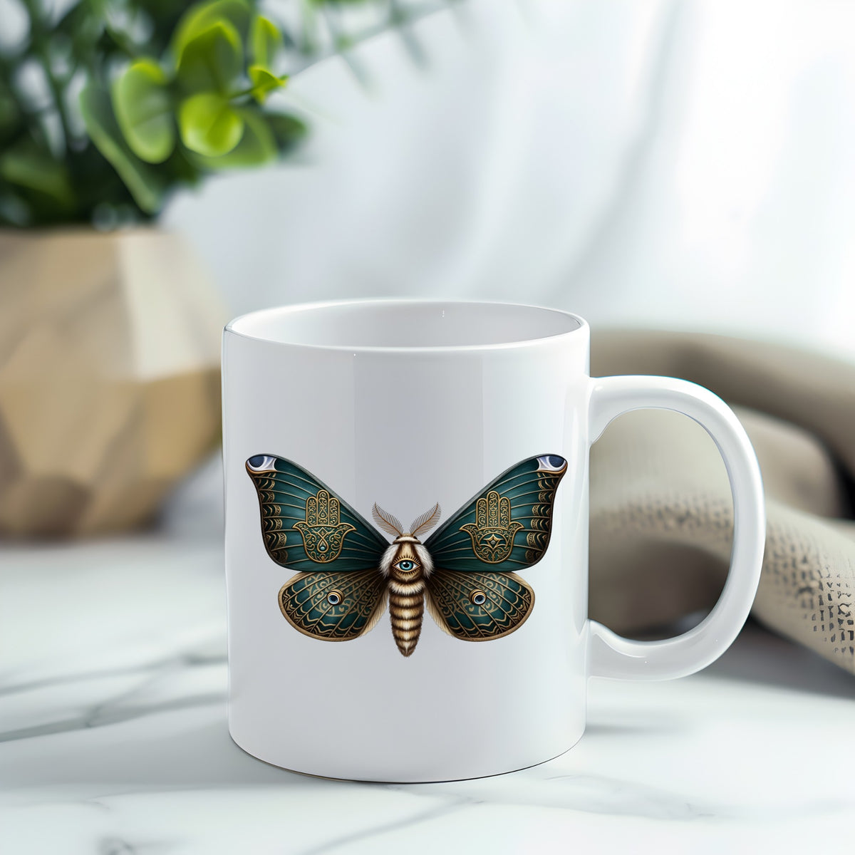 Hamsa Hand Moth UV DTF sticker applied to a white coffee mug