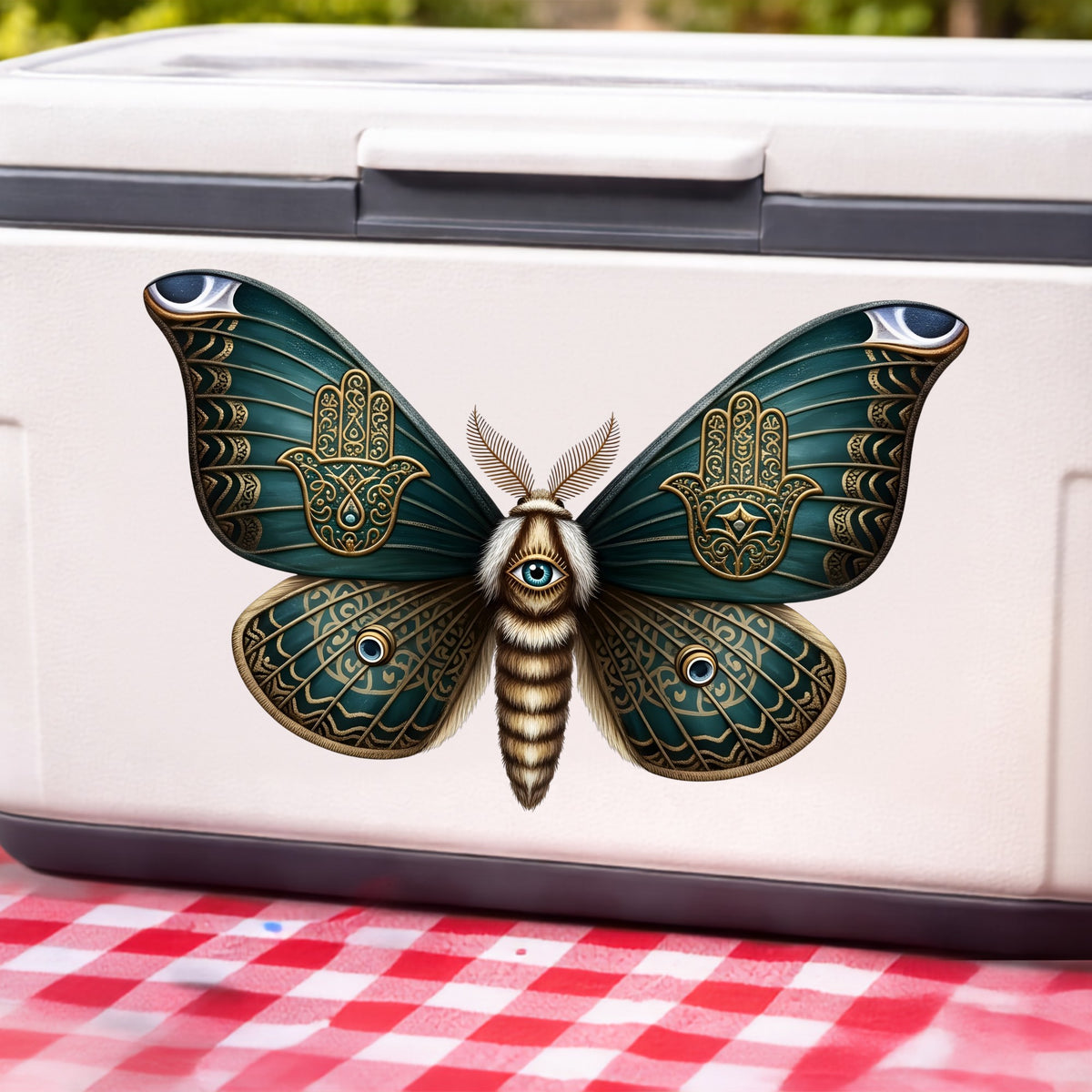 Hamsa Hand Moth UV DTF sticker applied to a white cooler on a red gingham cloth