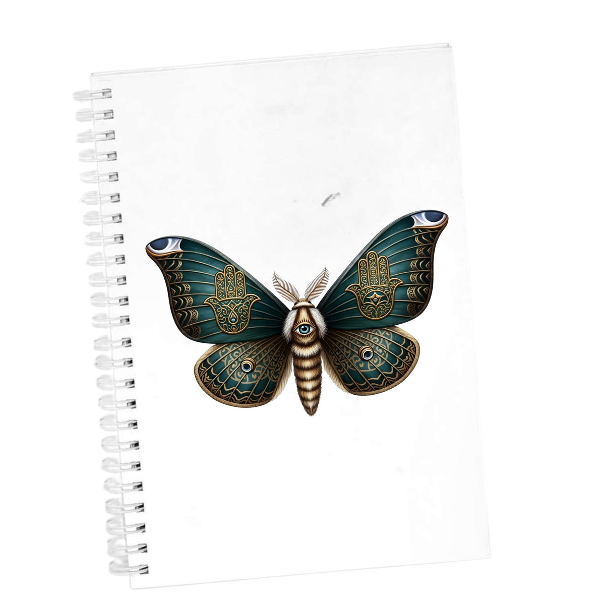 Hamsa Hand Moth UV DTF sticker applied to the cover of a white spiral journal
