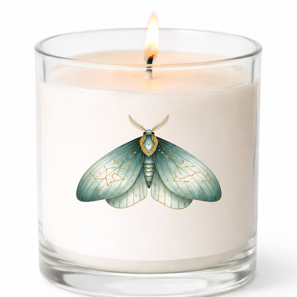 Mint Watercolor Moth UV DTF sticker applied to a white candle in a clear glass jar