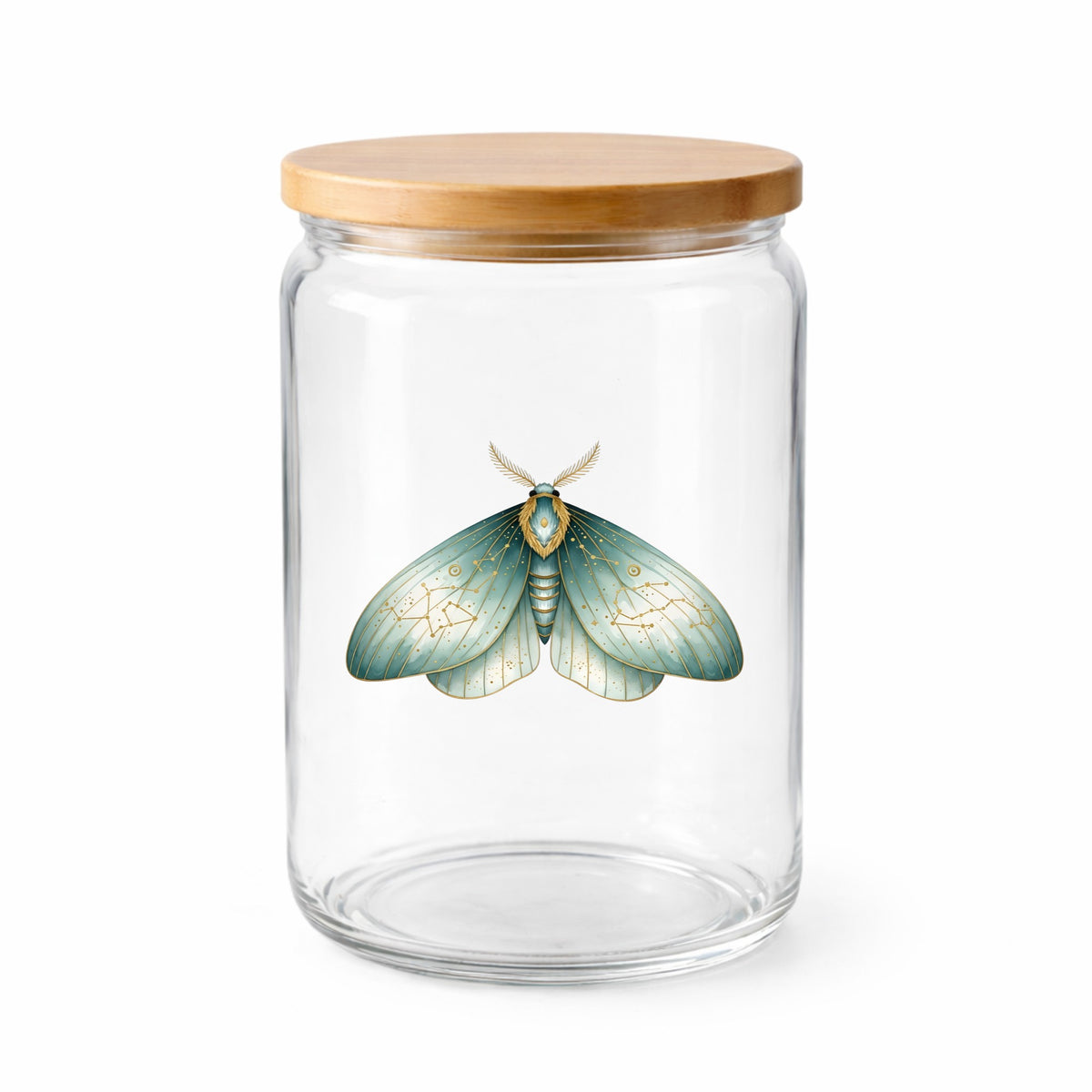Mint Watercolor Moth UV DTF sticker applied to a clear glass jar with a wooden lid