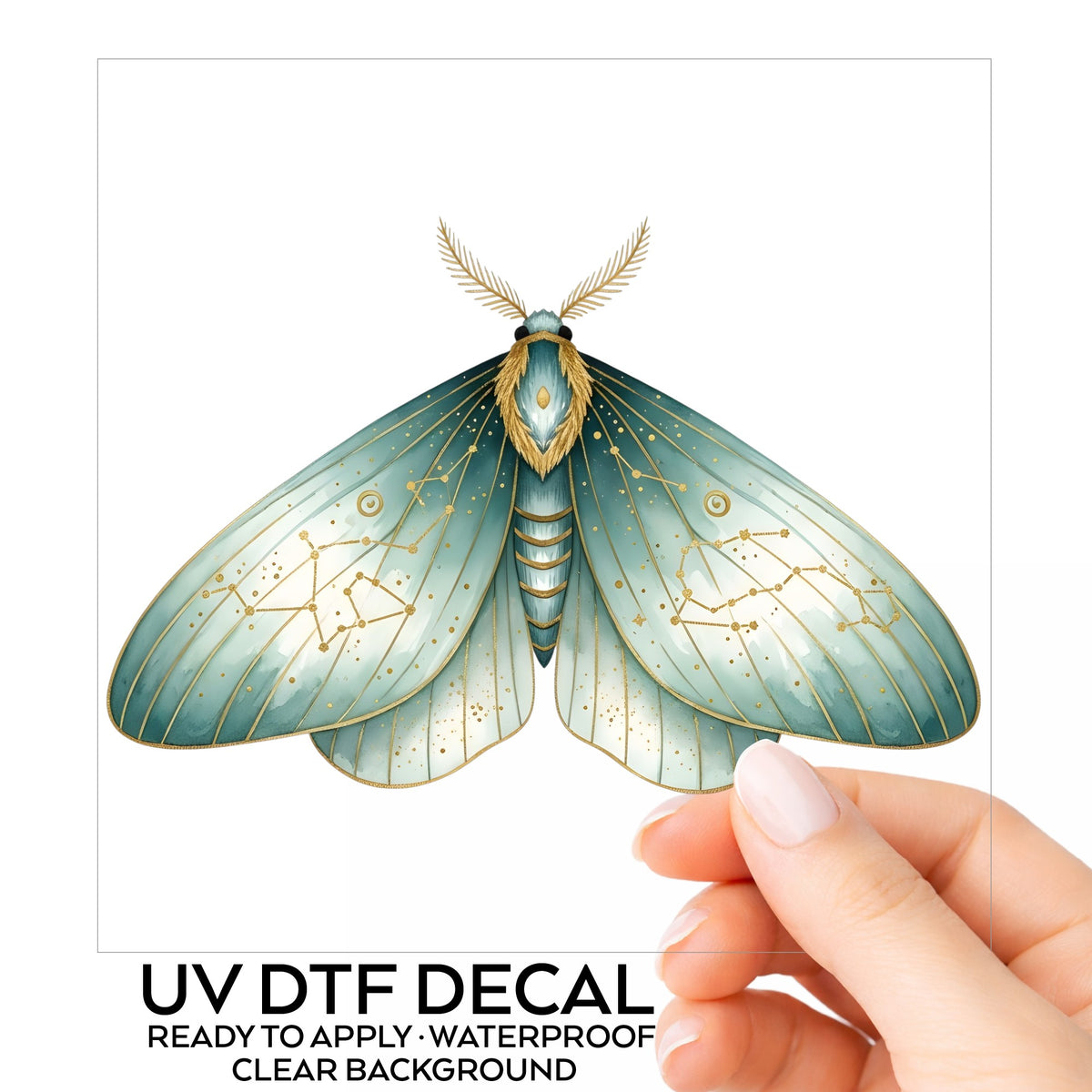 Mint Watercolor Moth UV DTF sticker on its backing card, held in hand