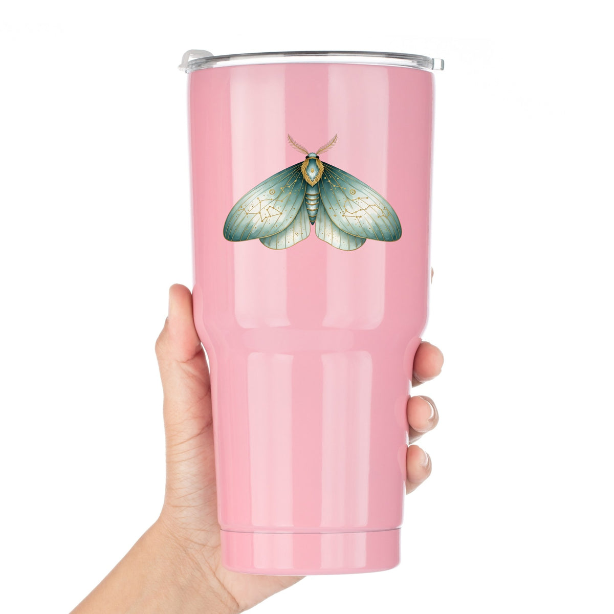 Mint Watercolor Moth UV DTF sticker applied to a pink tumbler held against a white background