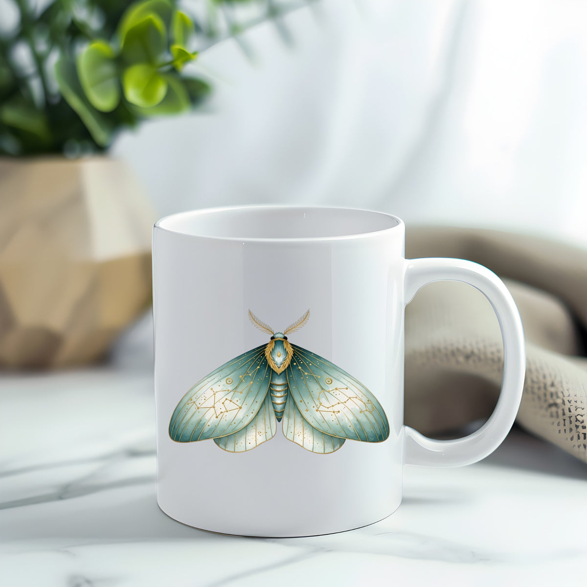 Mint Watercolor Moth UV DTF sticker applied to a white coffee mug