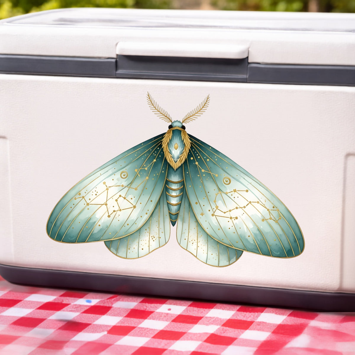 Mint Watercolor Moth UV DTF sticker applied to a white cooler on a red gingham cloth