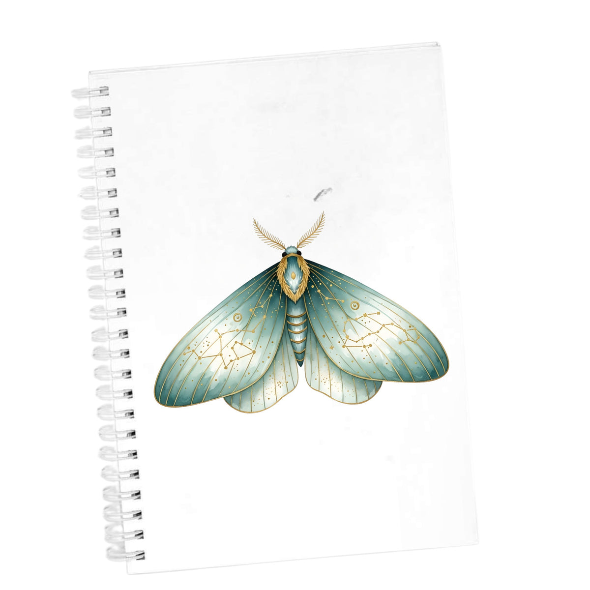 Mint Watercolor Moth UV DTF sticker applied to the cover of a white spiral journal