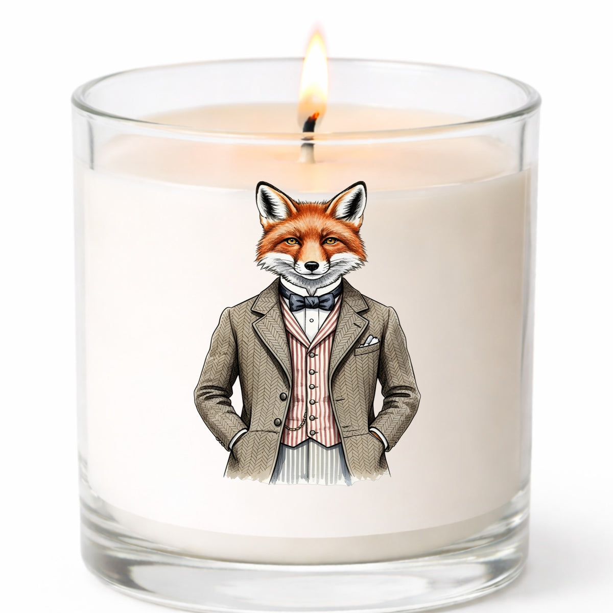 Dapper Fox Tweed Suit UV DTF sticker applied to a white candle in a clear glass jar