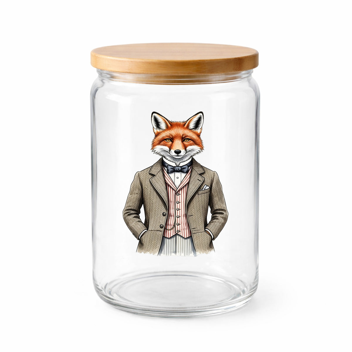 Dapper Fox Tweed Suit UV DTF sticker applied to a clear glass jar with a wooden lid