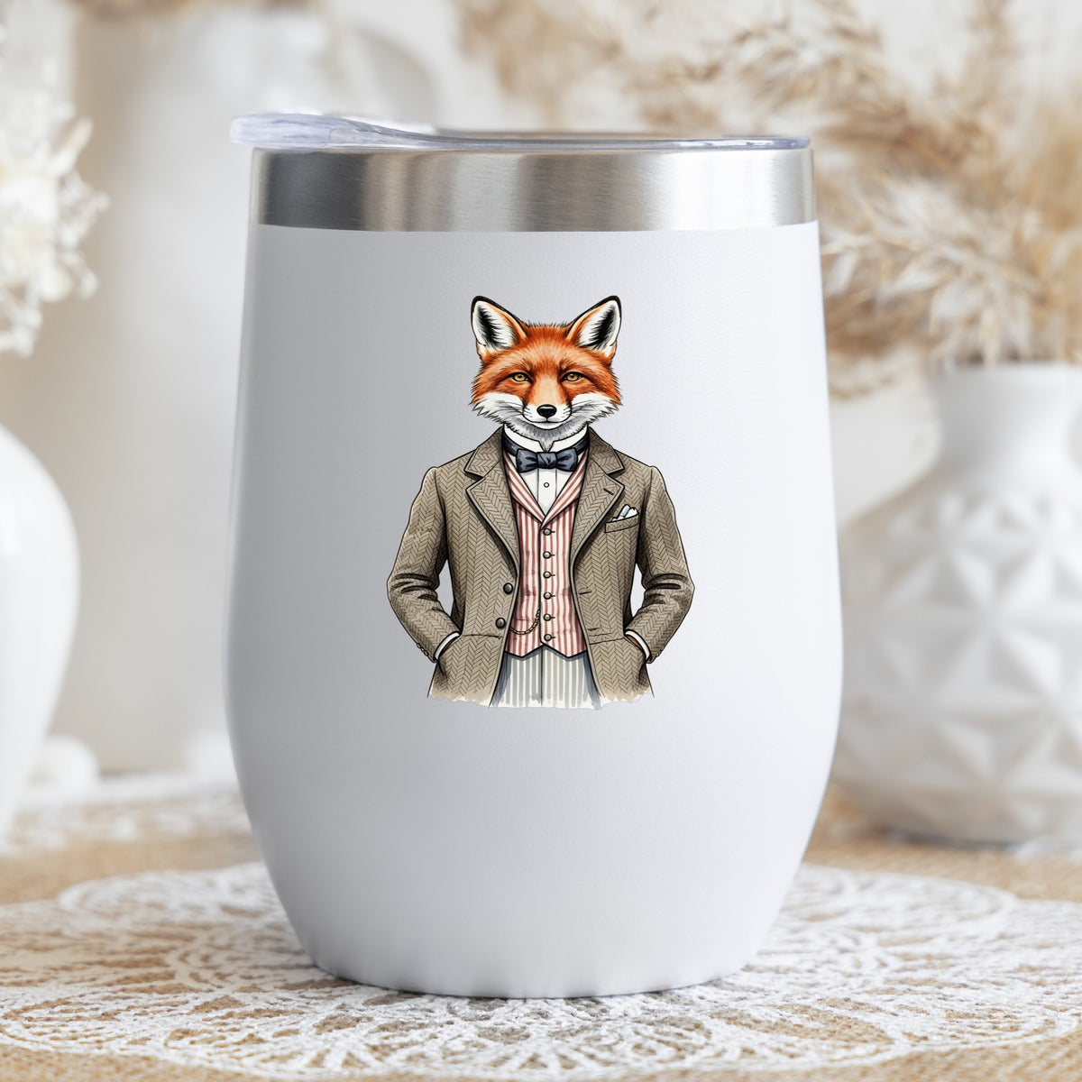 Dapper Fox Tweed Suit UV DTF sticker applied to a white stemless tumbler with a lid