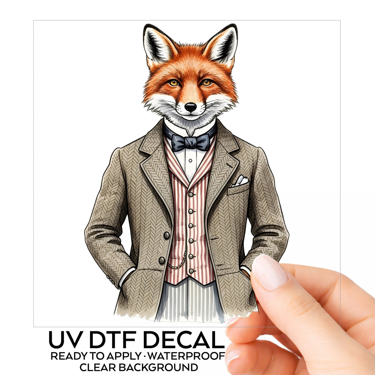 Dapper Fox Tweed Suit UV DTF sticker on its backing card, held in hand
