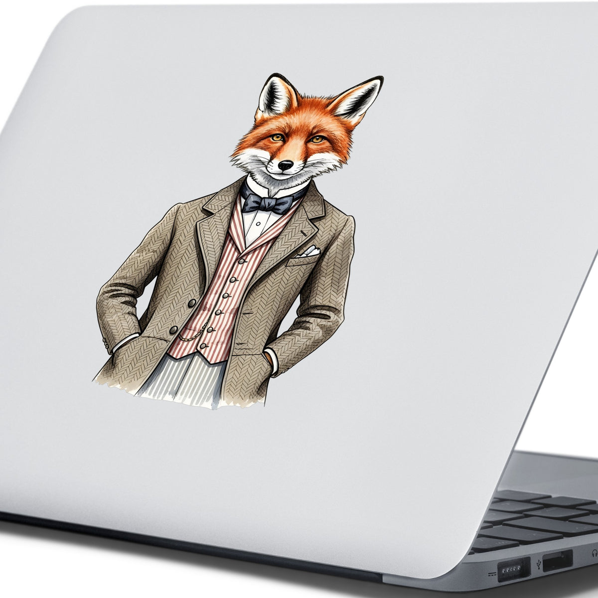 Dapper Fox Tweed Suit UV DTF sticker applied to the lid of a silver laptop