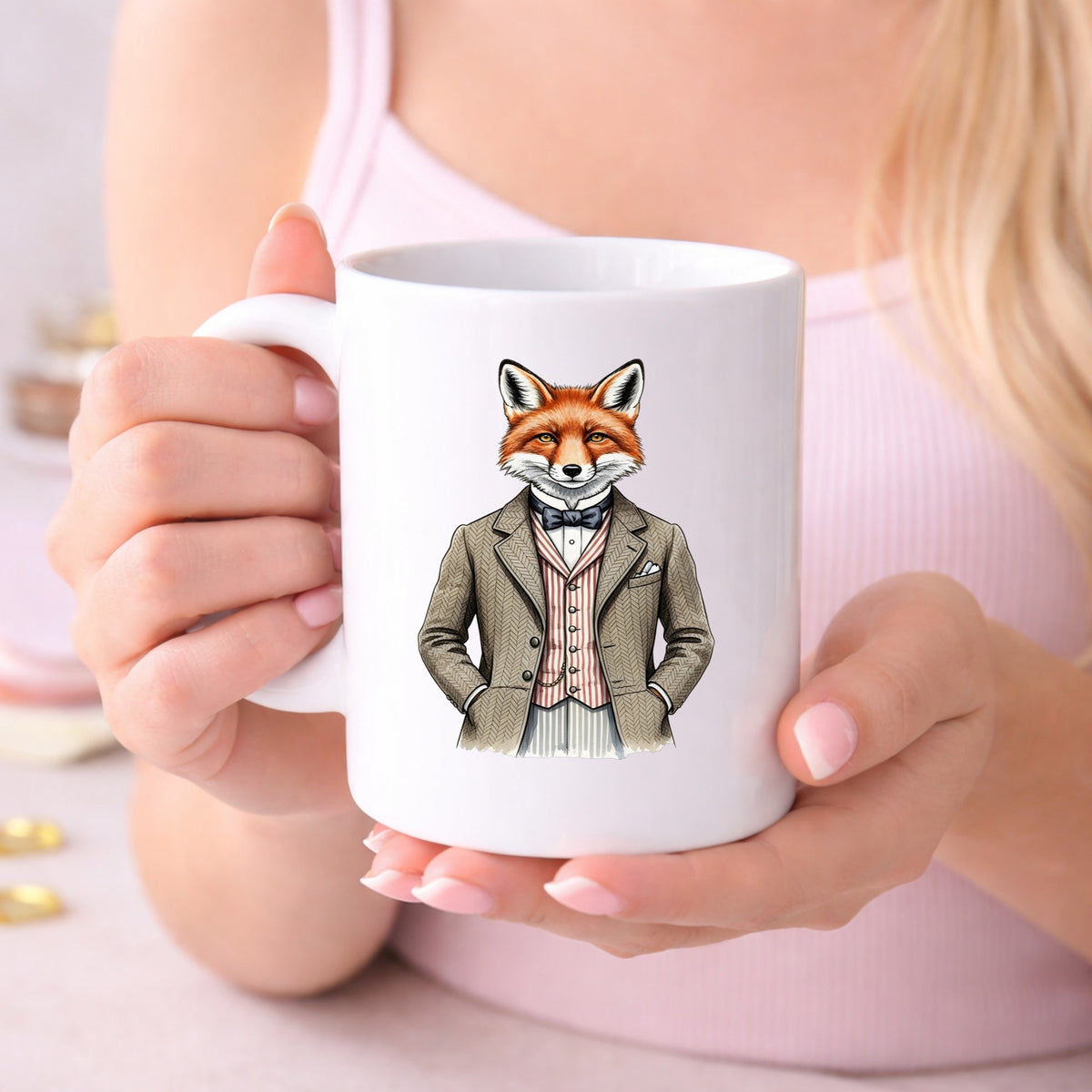 Dapper Fox Tweed Suit UV DTF sticker applied to a white coffee mug held in both hands