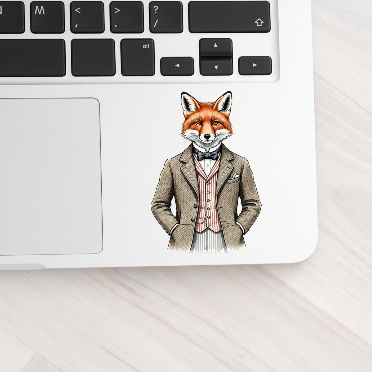 Dapper Fox Tweed Suit UV DTF sticker applied to a silver laptop beside the keyboard