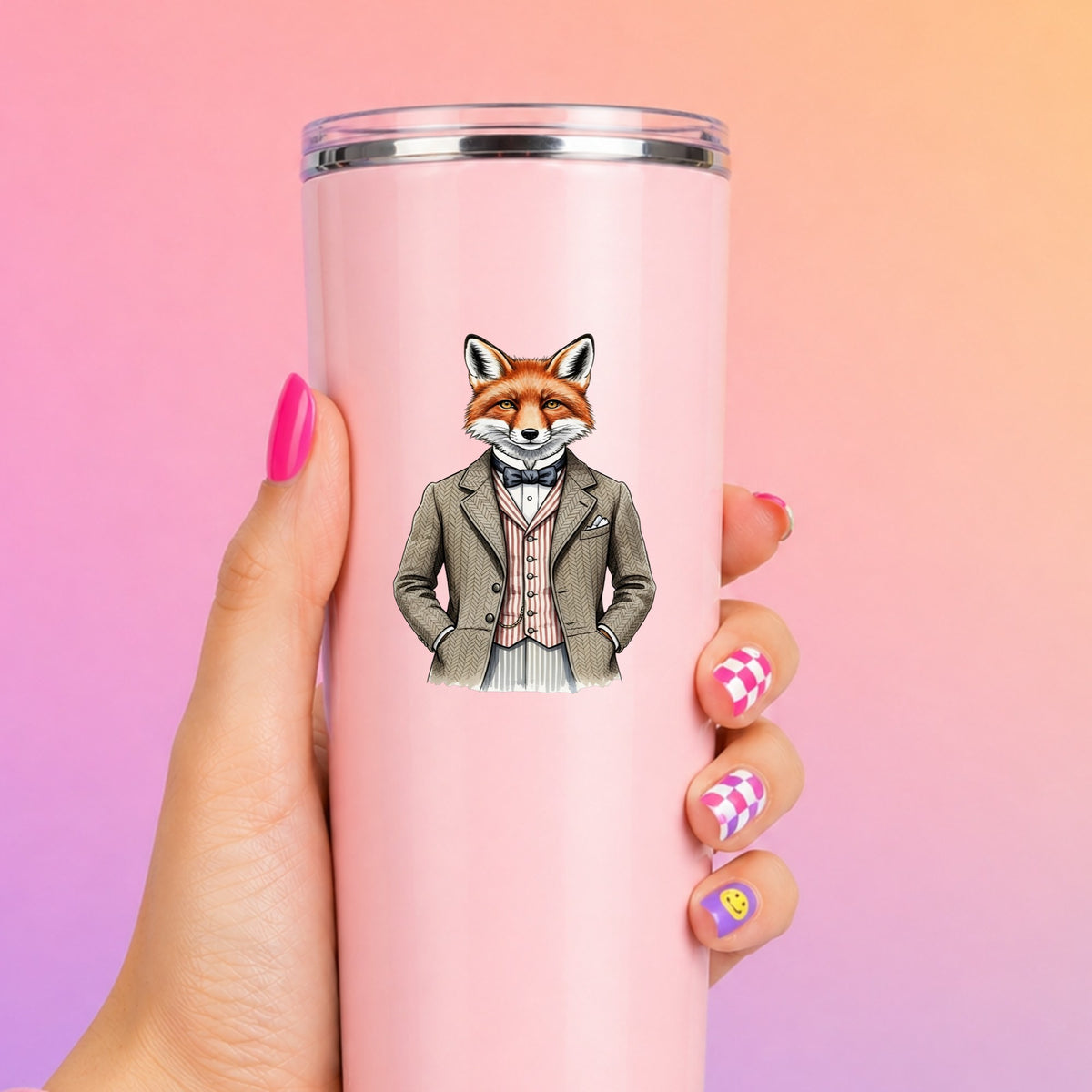 Dapper Fox Tweed Suit UV DTF sticker applied to a tall pink tumbler on a pink and orange background