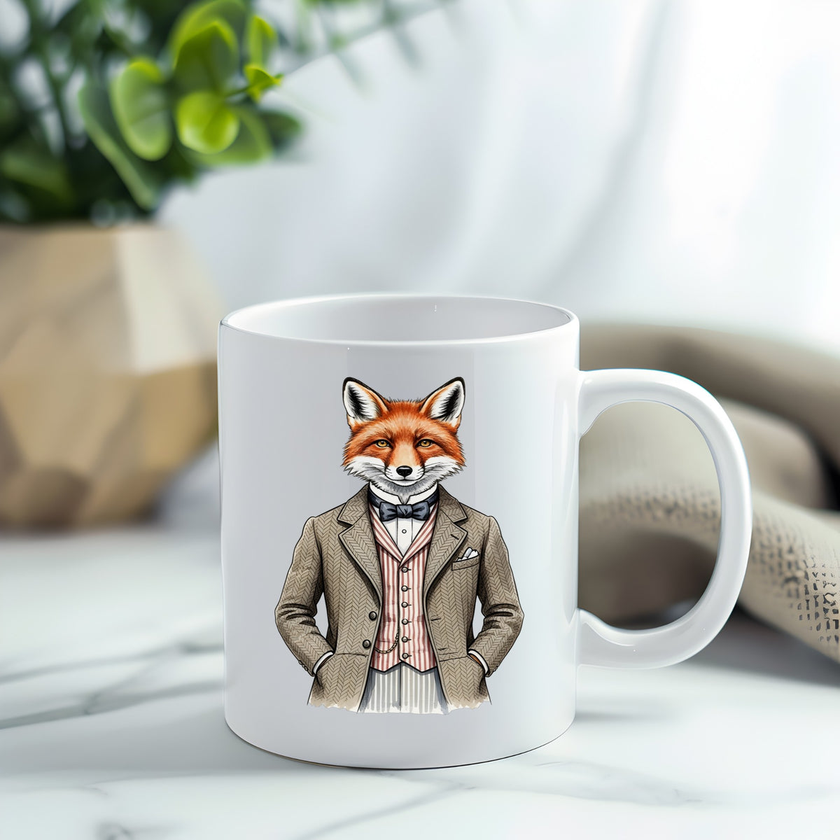 Dapper Fox Tweed Suit UV DTF sticker applied to a white coffee mug