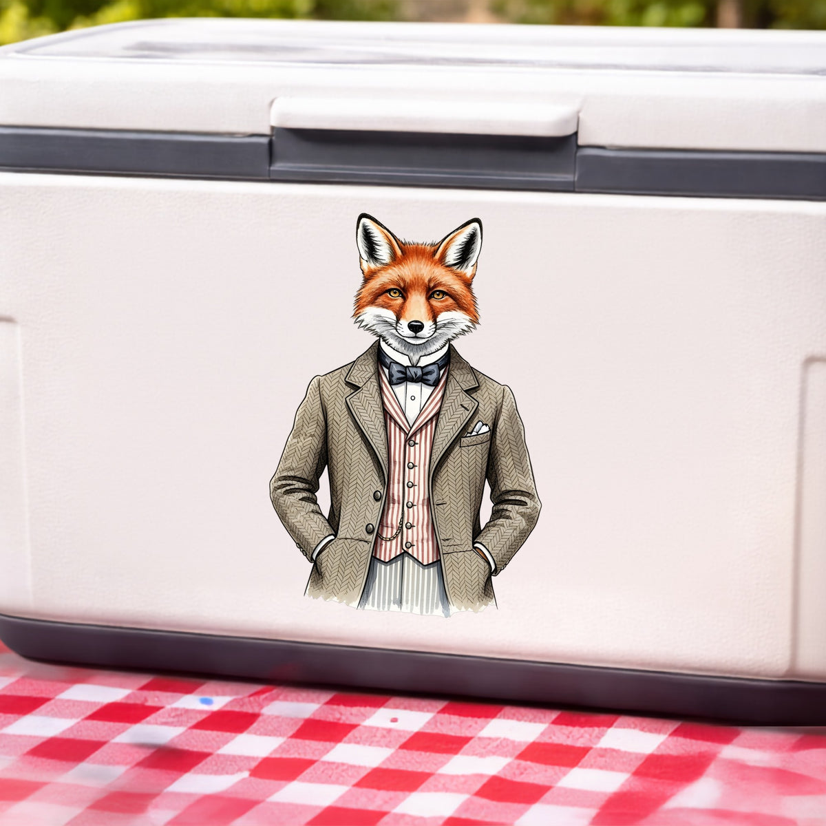 Dapper Fox Tweed Suit UV DTF sticker applied to a white cooler on a red gingham cloth