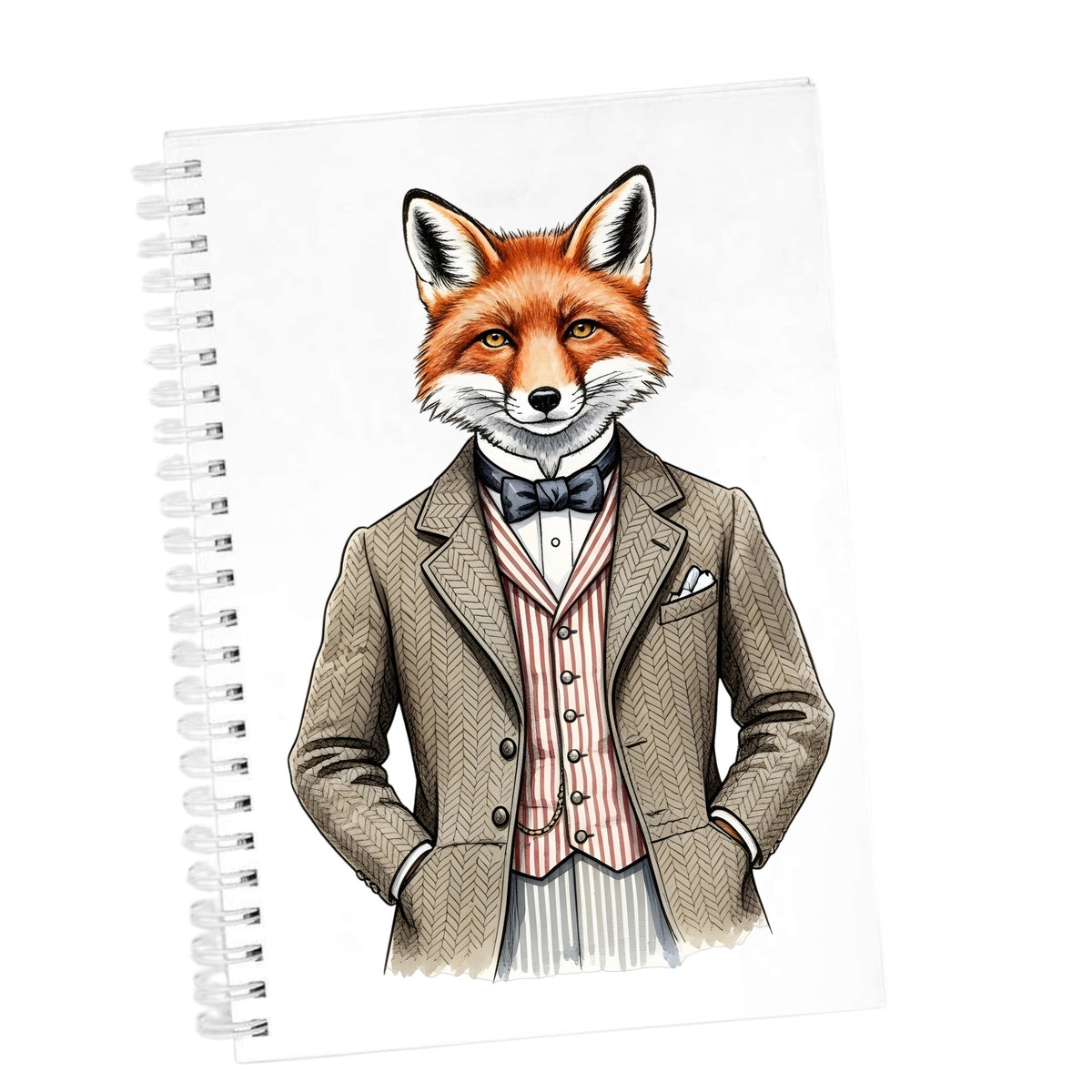 Dapper Fox Tweed Suit UV DTF sticker applied to the cover of a white spiral journal