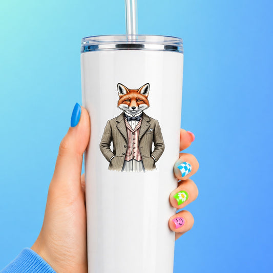 Dapper Fox Tweed Suit UV DTF sticker applied to a white straw tumbler on a blue background