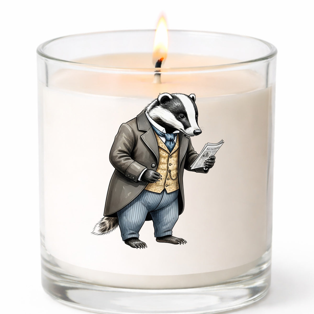 Badger Reading Newspaper UV DTF sticker applied to a white candle in a clear glass jar