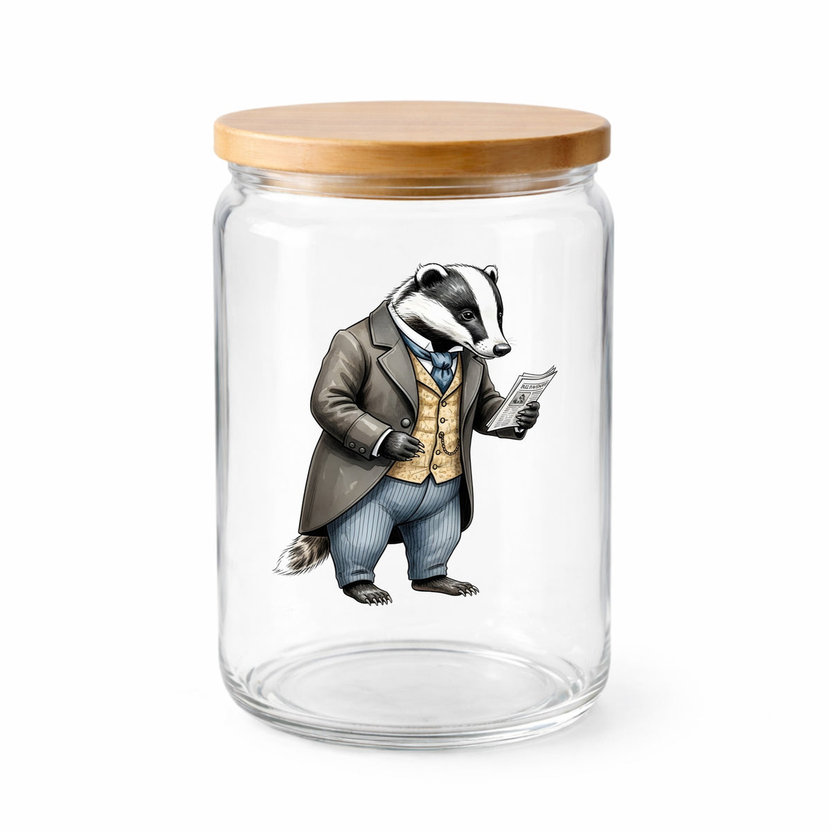 Badger Reading Newspaper UV DTF sticker applied to a clear glass jar with a wooden lid
