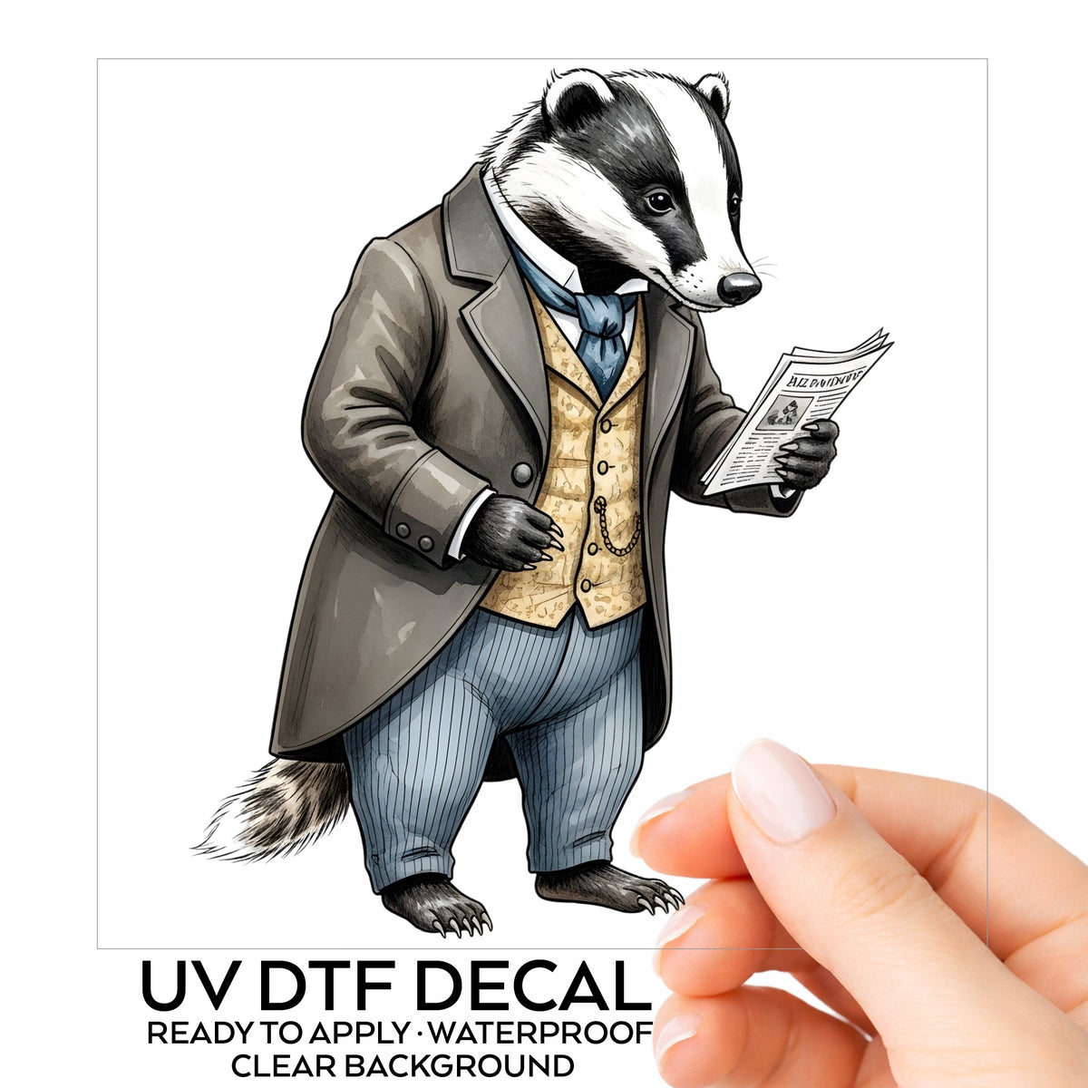 Badger Reading Newspaper UV DTF sticker on its backing card, held in hand