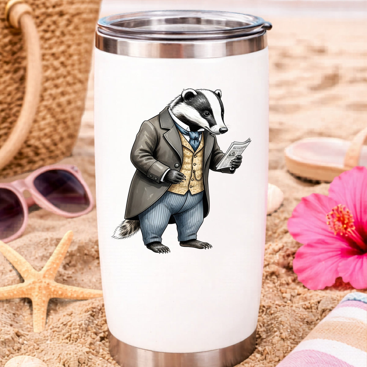 Badger Reading Newspaper UV DTF sticker applied to a white travel tumbler on beach sand