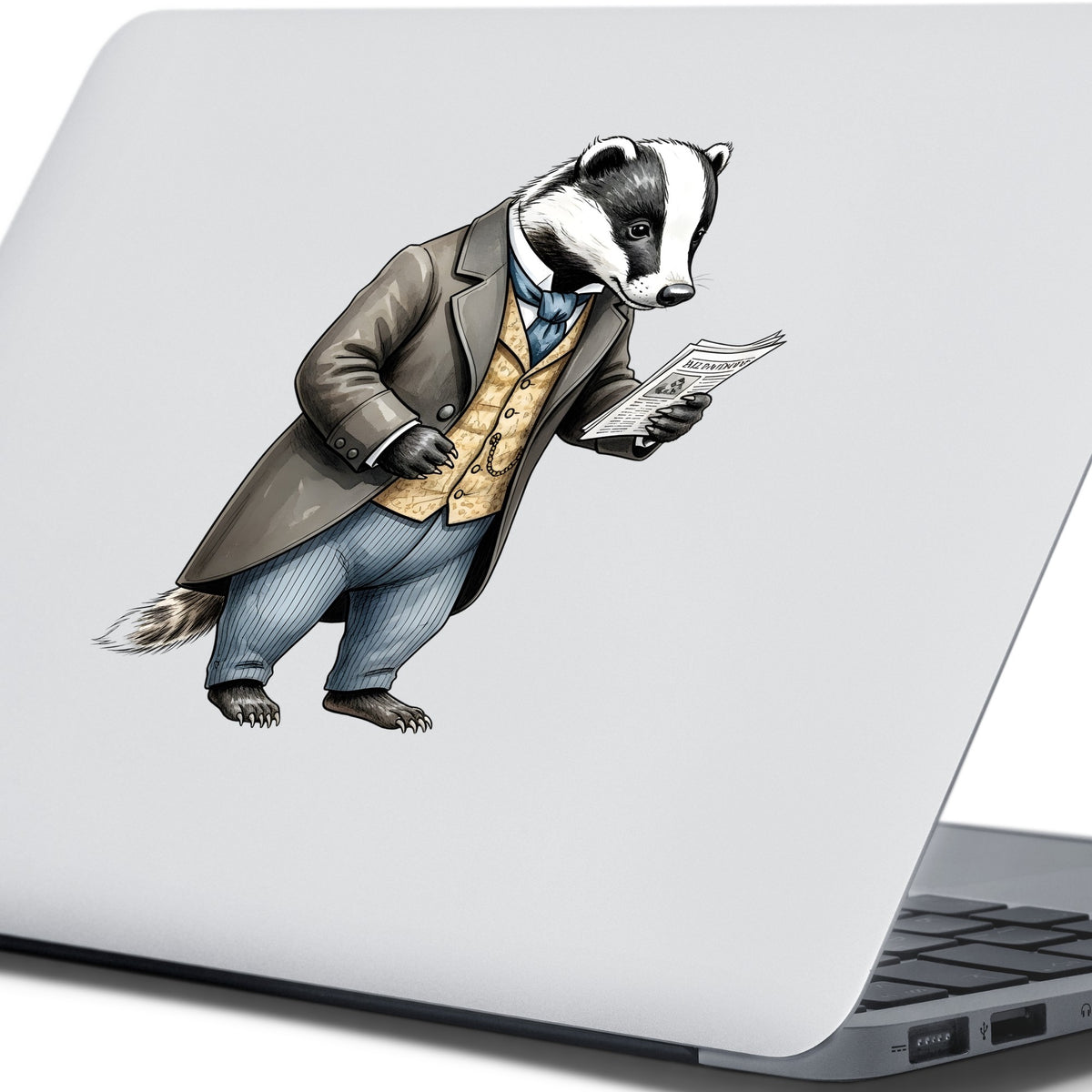 Badger Reading Newspaper UV DTF sticker applied to the lid of a silver laptop