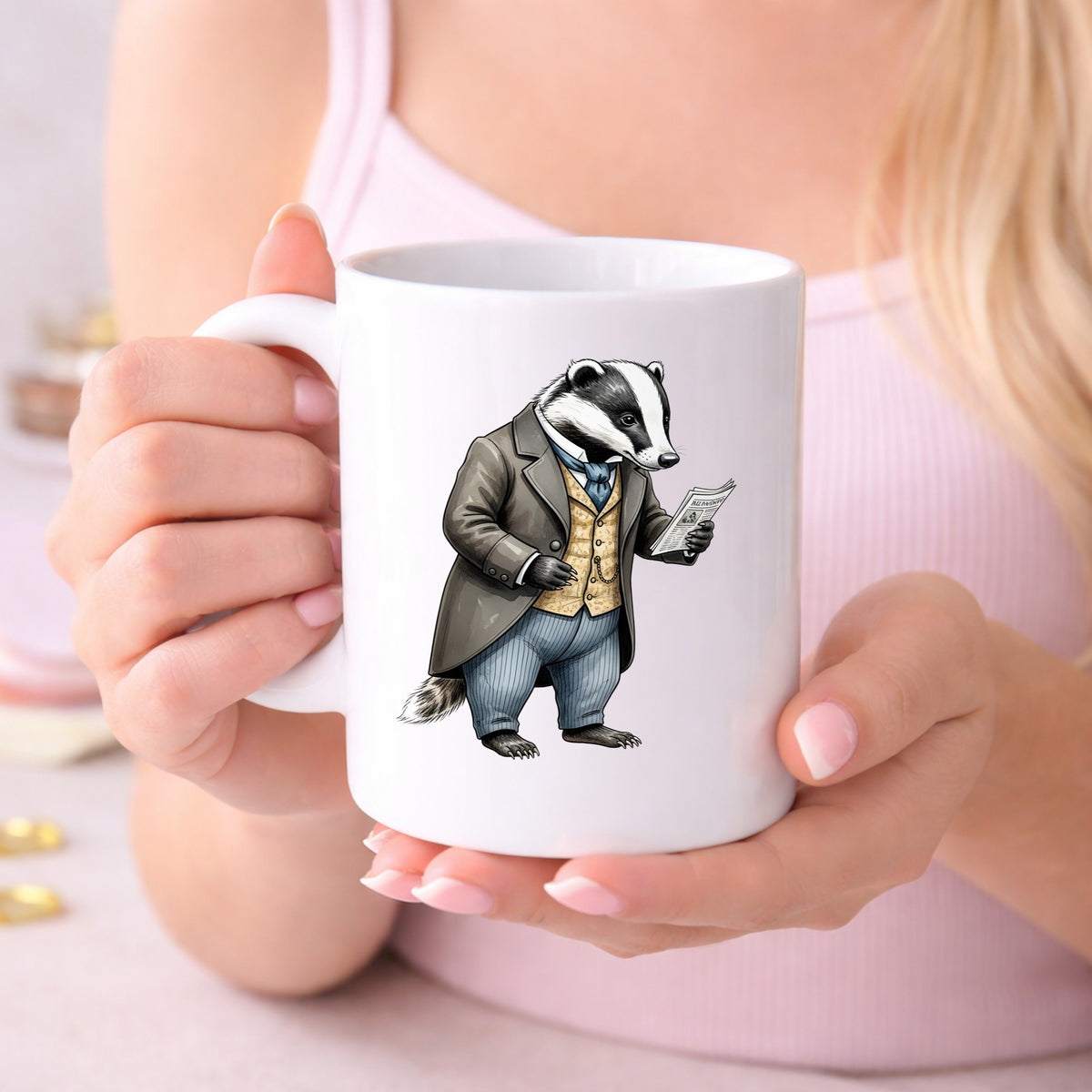 Badger Reading Newspaper UV DTF sticker applied to a white coffee mug held in both hands