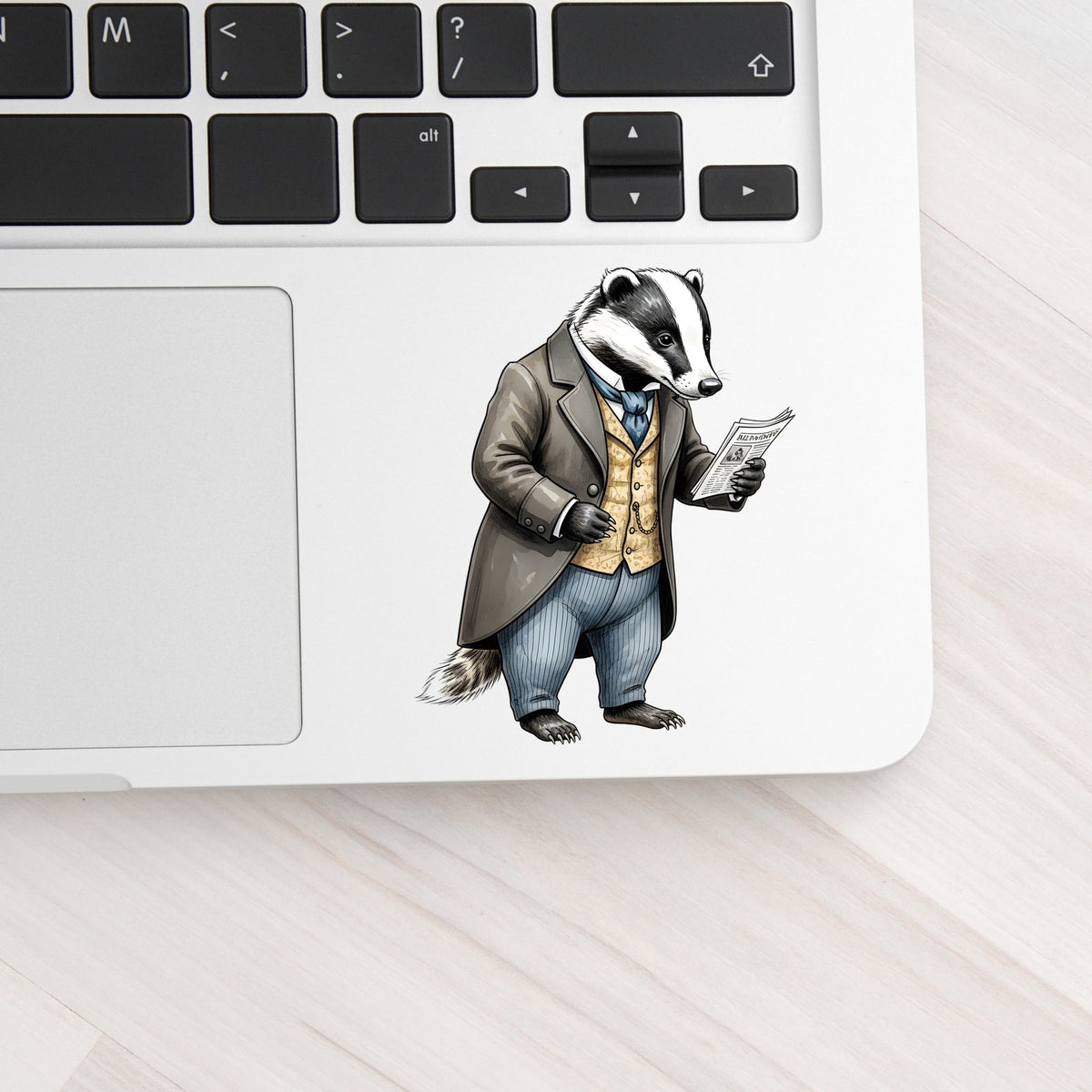 Badger Reading Newspaper UV DTF sticker applied to a silver laptop beside the keyboard