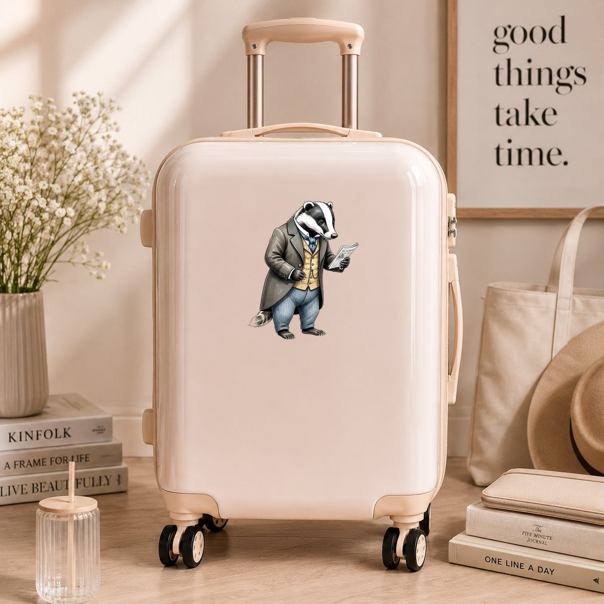 Badger Reading Newspaper UV DTF sticker applied to a cream carry-on suitcase