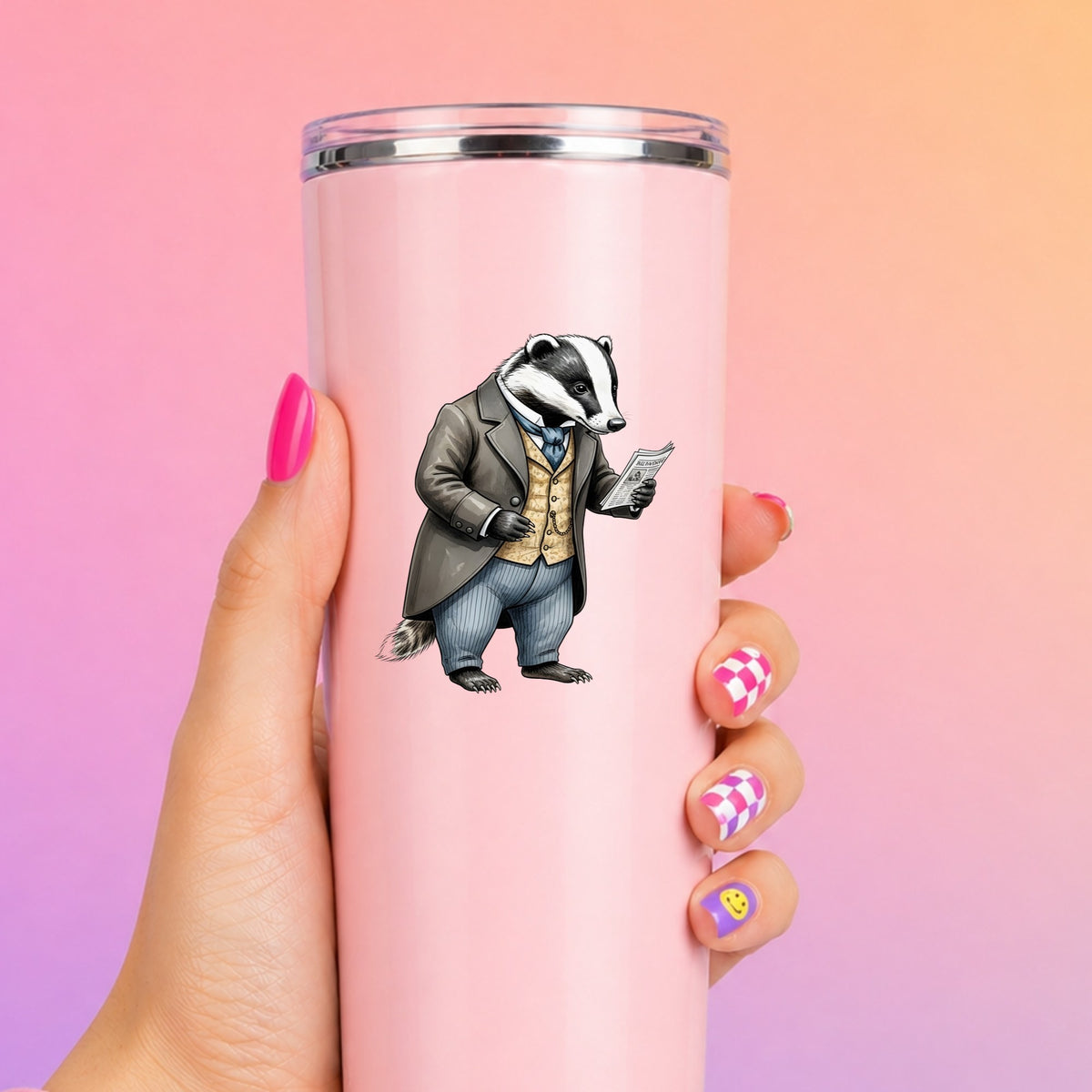 Badger Reading Newspaper UV DTF sticker applied to a tall pink tumbler on a pink and orange background