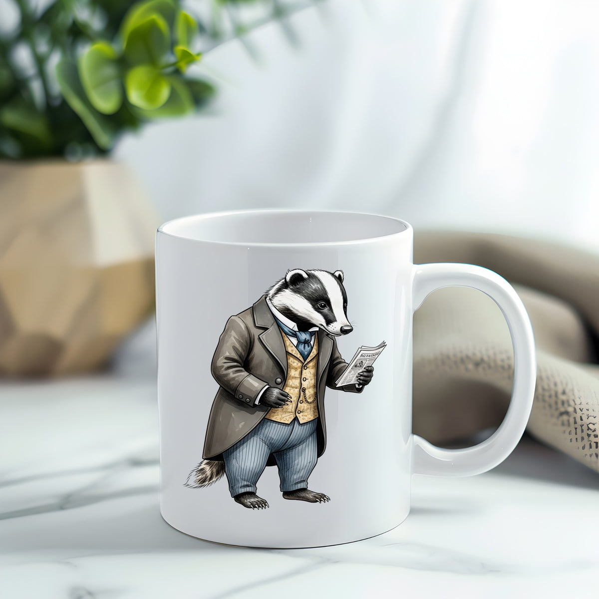 Badger Reading Newspaper UV DTF sticker applied to a white coffee mug