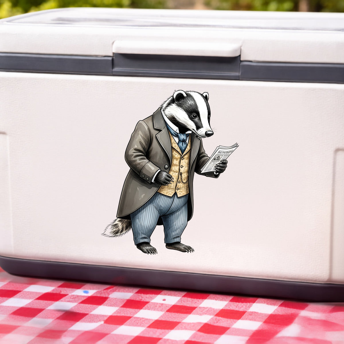 Badger Reading Newspaper UV DTF sticker applied to a white cooler on a red gingham cloth