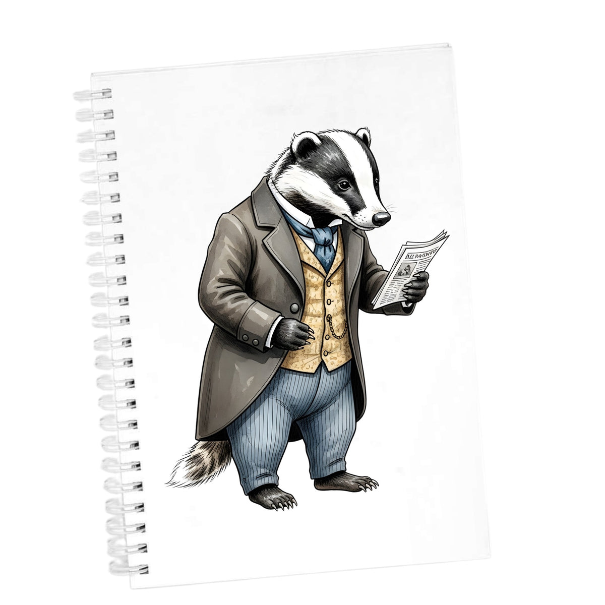 Badger Reading Newspaper UV DTF sticker applied to the cover of a white spiral journal