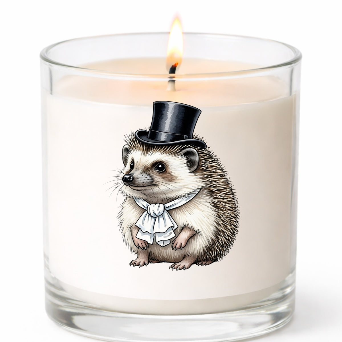 Hedgehog In Top Hat UV DTF sticker applied to a white candle in a clear glass jar