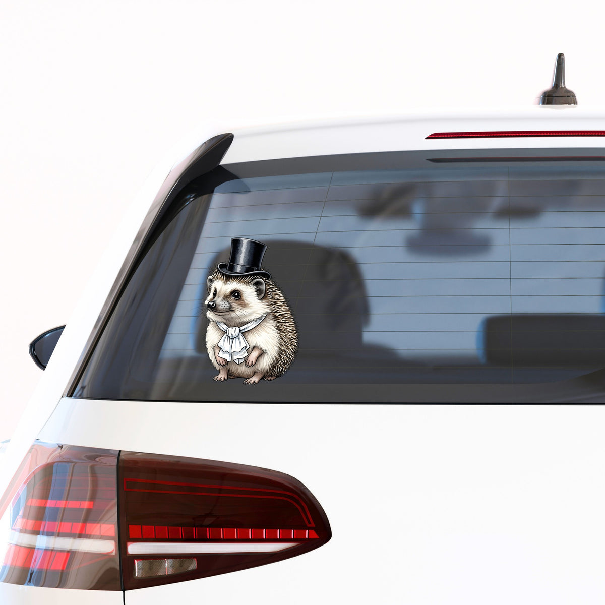 Hedgehog In Top Hat UV DTF sticker applied to the rear window of a white car