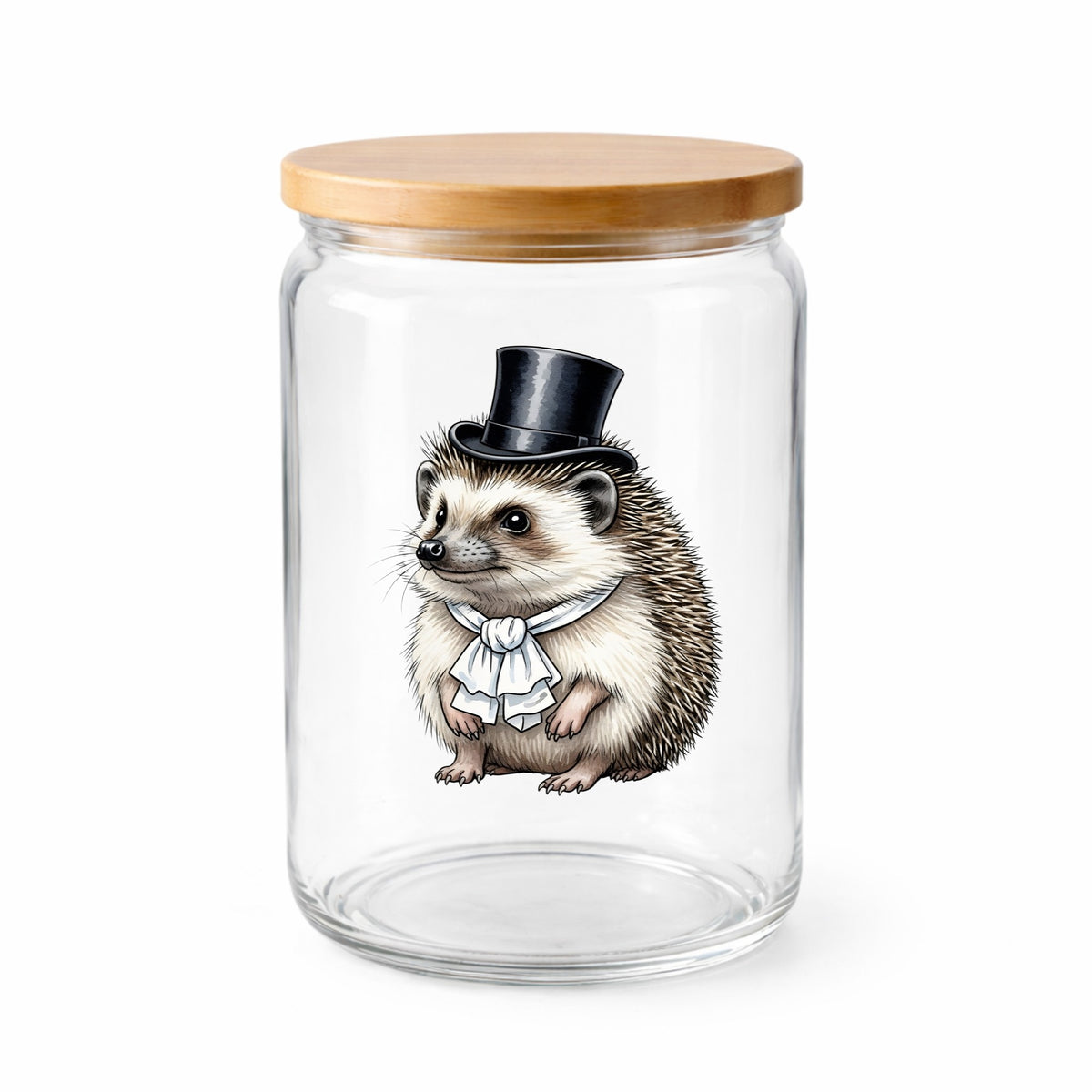 Hedgehog In Top Hat UV DTF sticker applied to a clear glass jar with a wooden lid