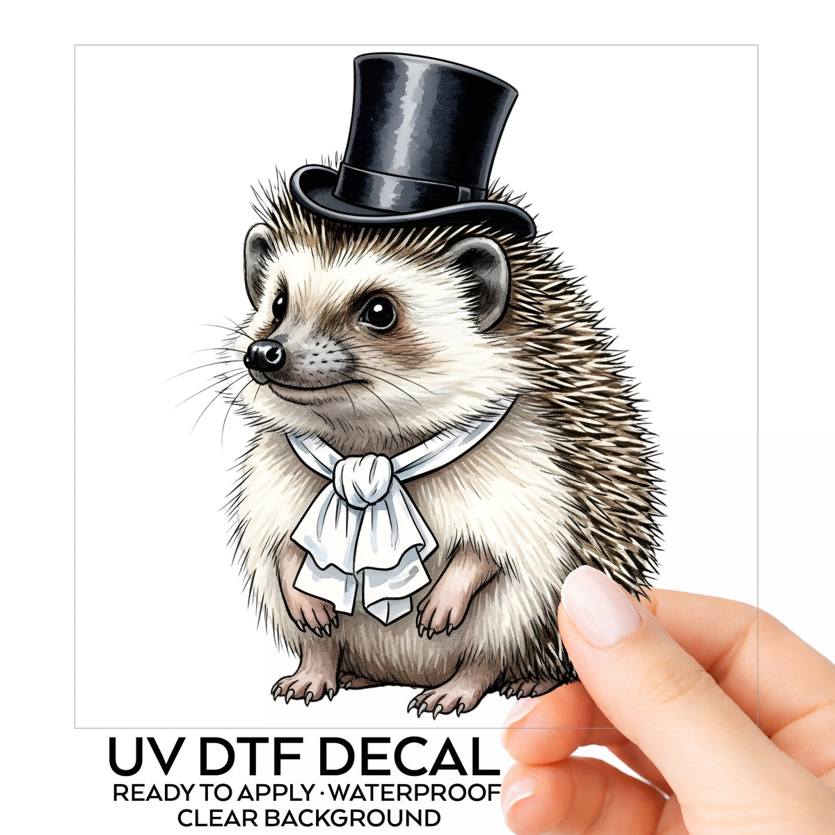 Hedgehog In Top Hat UV DTF sticker on its backing card, held in hand