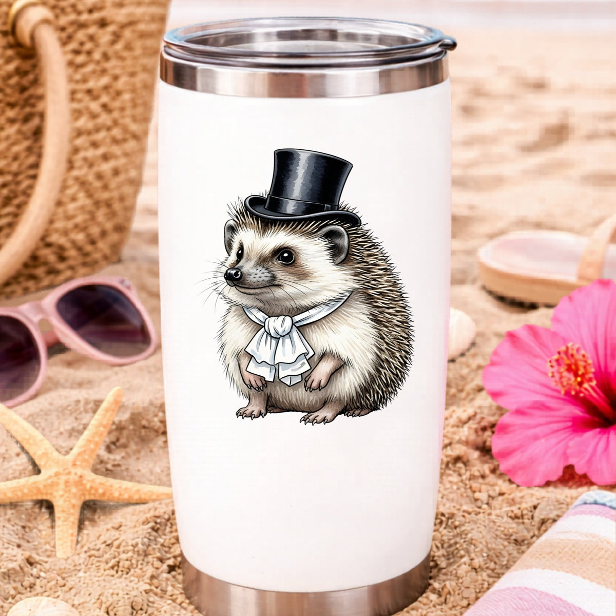 Hedgehog In Top Hat UV DTF sticker applied to a white travel tumbler on beach sand