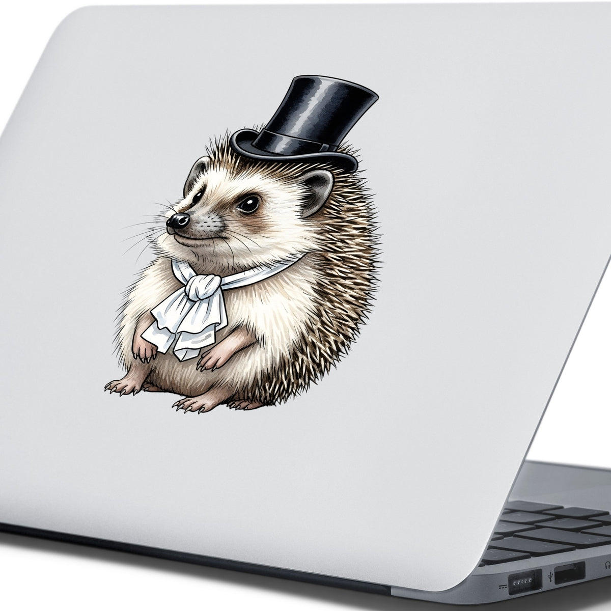 Hedgehog In Top Hat UV DTF sticker applied to the lid of a silver laptop