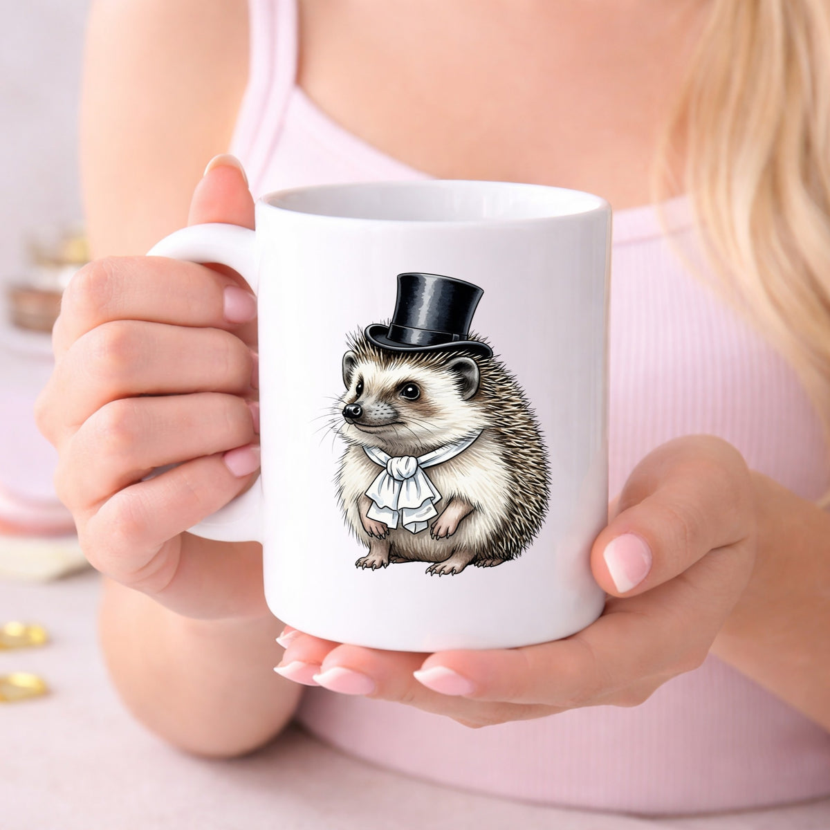 Hedgehog In Top Hat UV DTF sticker applied to a white coffee mug held in both hands