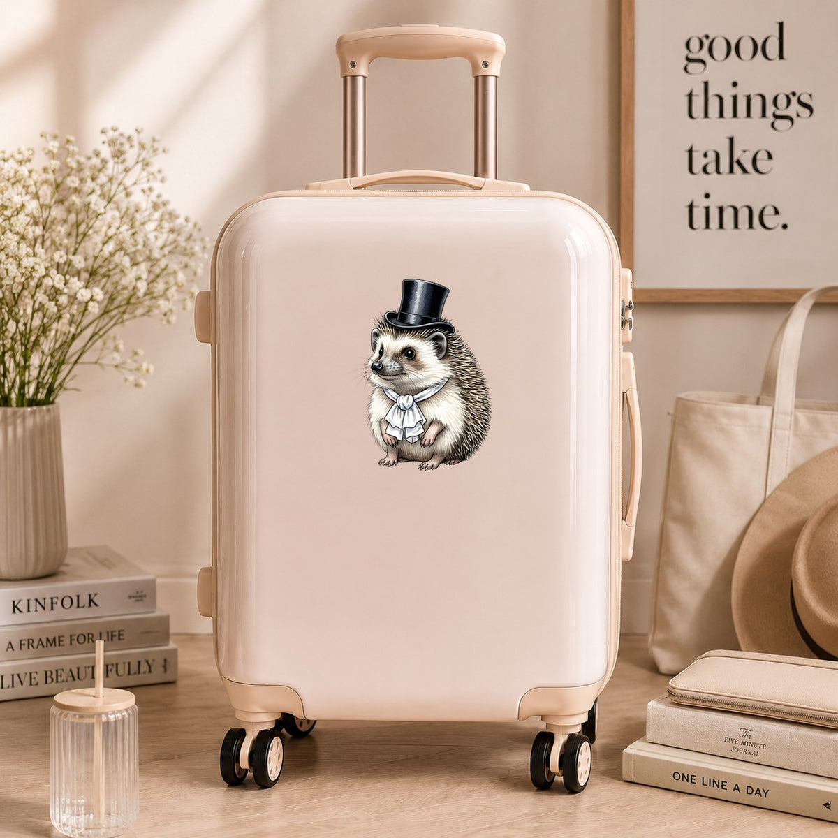 Hedgehog In Top Hat UV DTF sticker applied to a cream carry-on suitcase