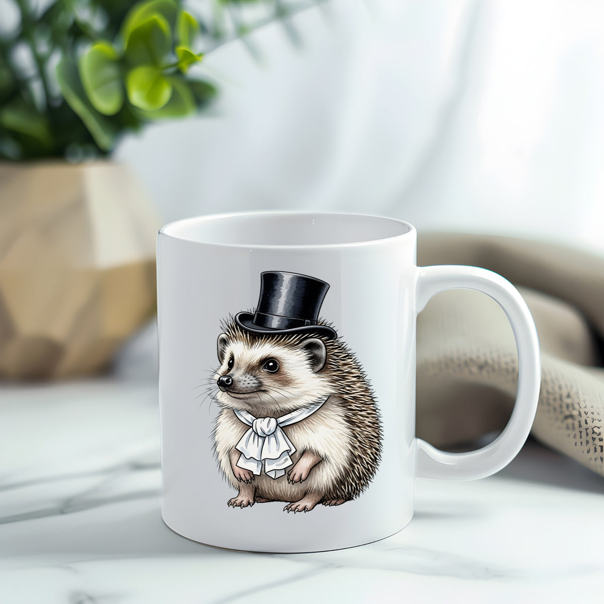 Hedgehog In Top Hat UV DTF sticker applied to a white coffee mug