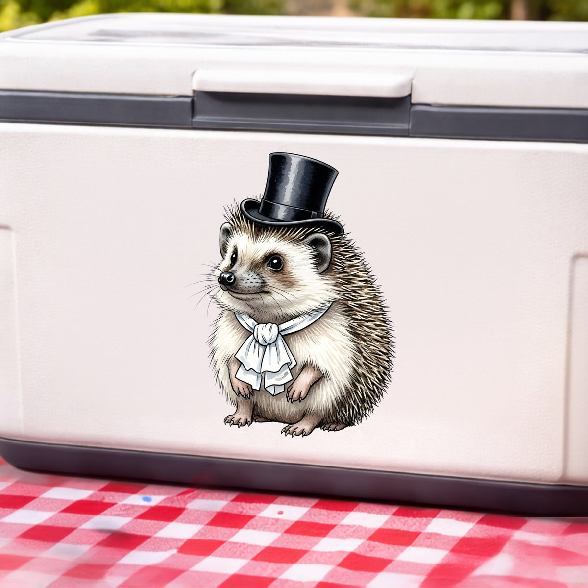 Hedgehog In Top Hat UV DTF sticker applied to a white cooler on a red gingham cloth