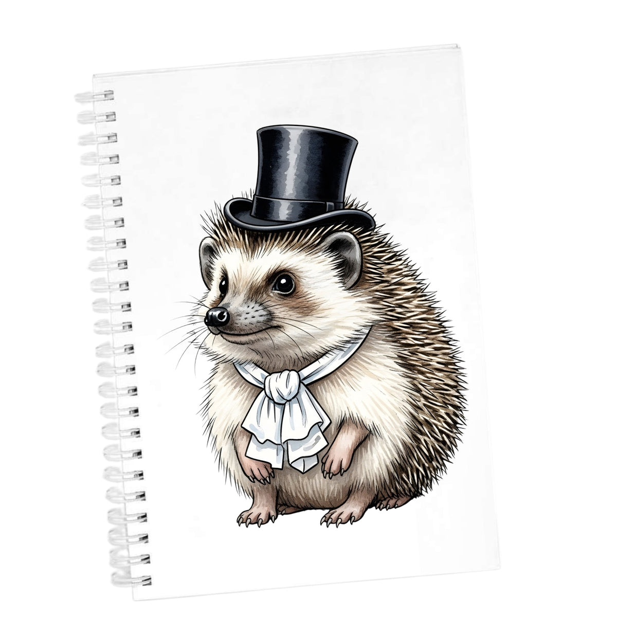 Hedgehog In Top Hat UV DTF sticker applied to the cover of a white spiral journal