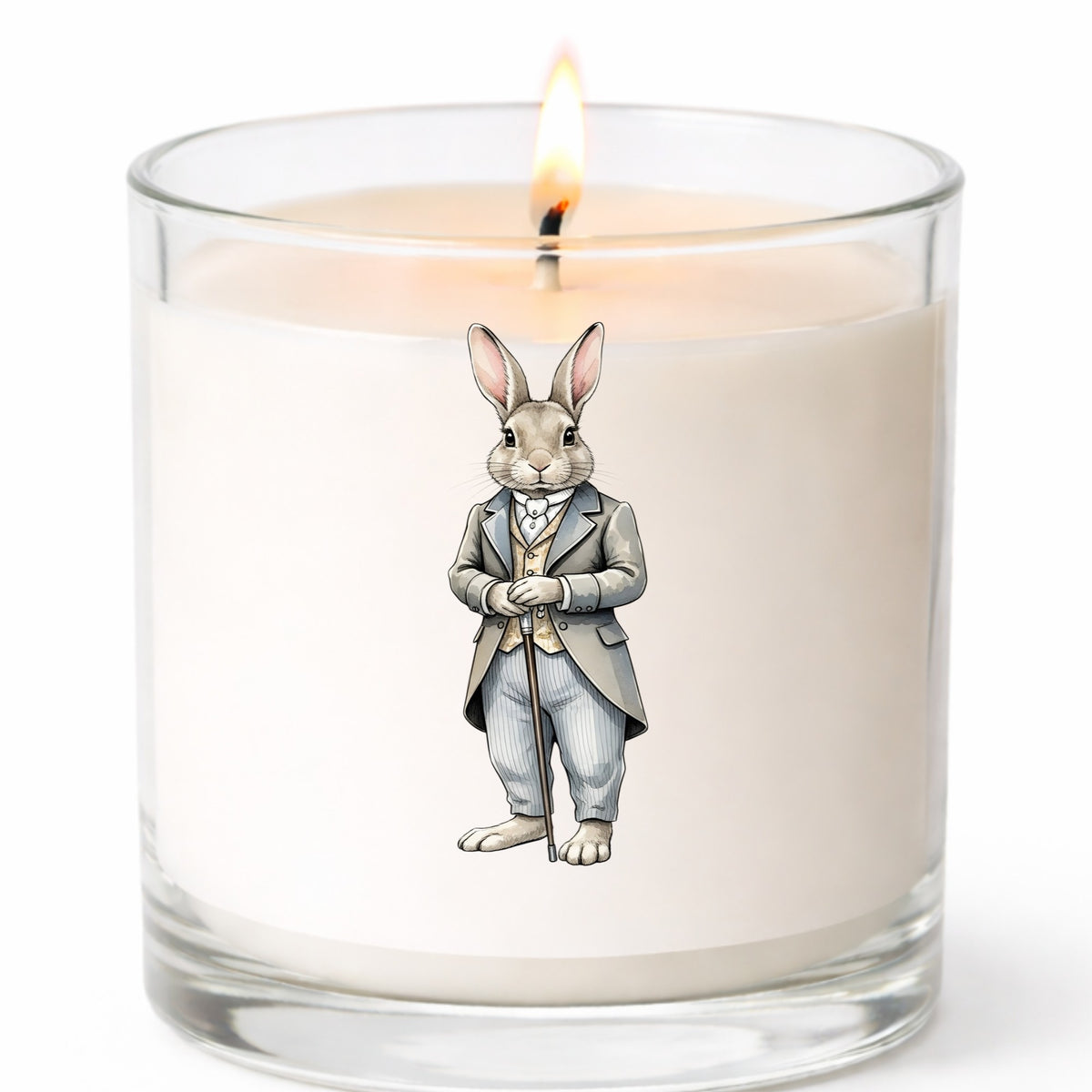 Gray Bunny Victorian Suit Cane UV DTF sticker applied to a white candle in a clear glass jar