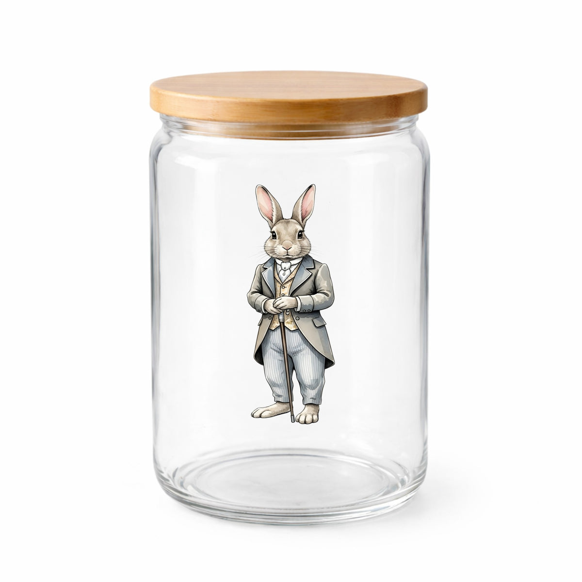 Gray Bunny Victorian Suit Cane UV DTF sticker applied to a clear glass jar with a wooden lid