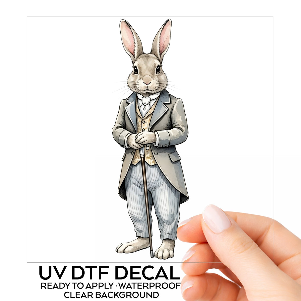 Gray Bunny Victorian Suit Cane UV DTF sticker on its backing card, held in hand